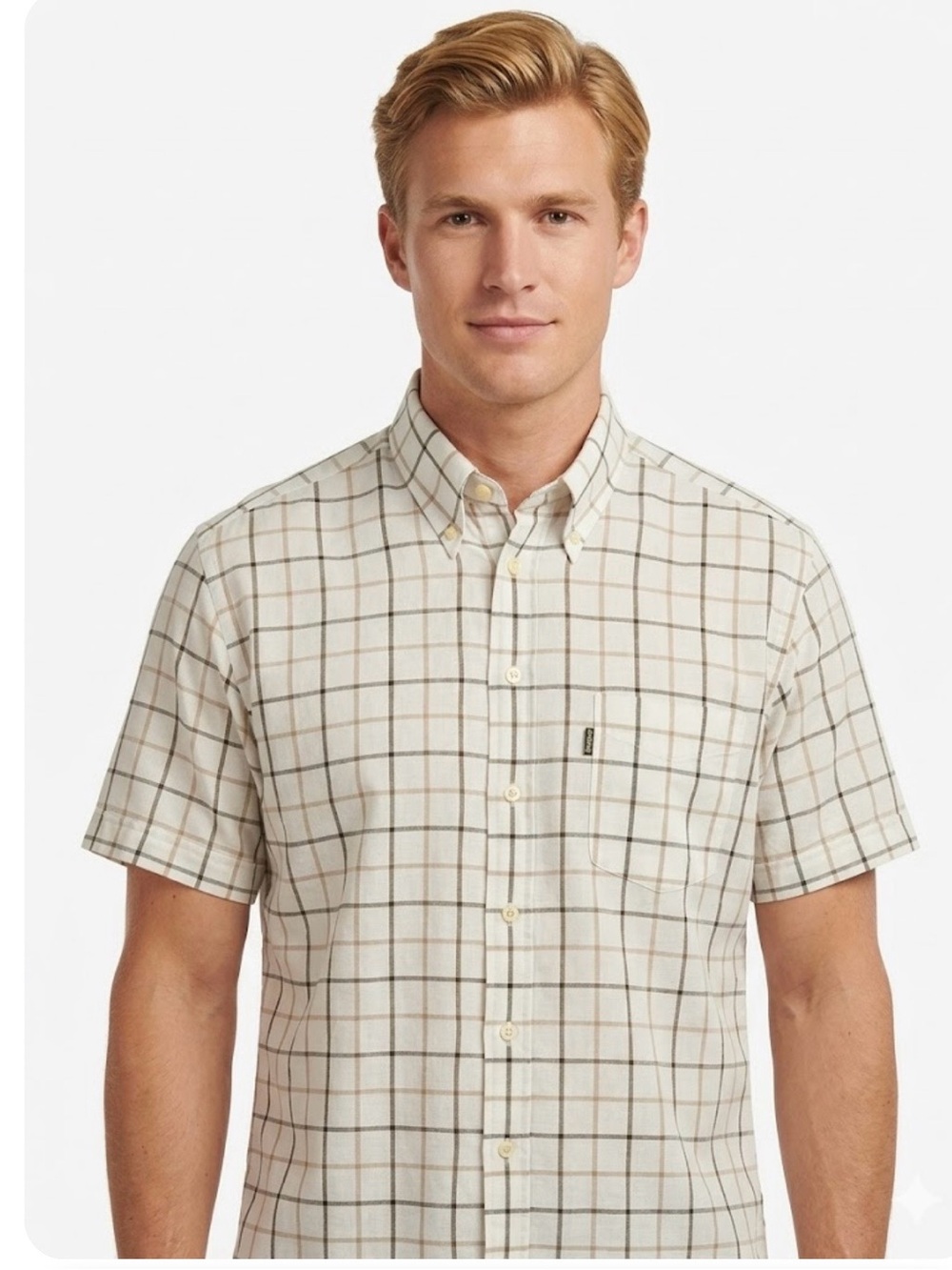 Barbour Tattersall Airweave Men’s S/ Sleeved Shirt Tan/white check Large Preppy